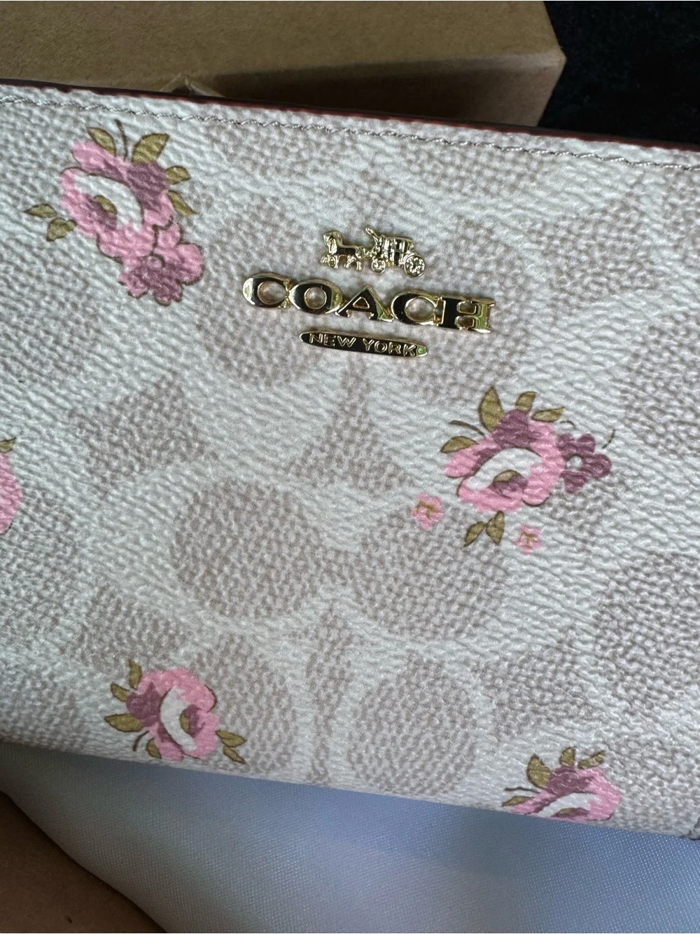 COACH Pink Floral Signature Compact Wallet in Cream